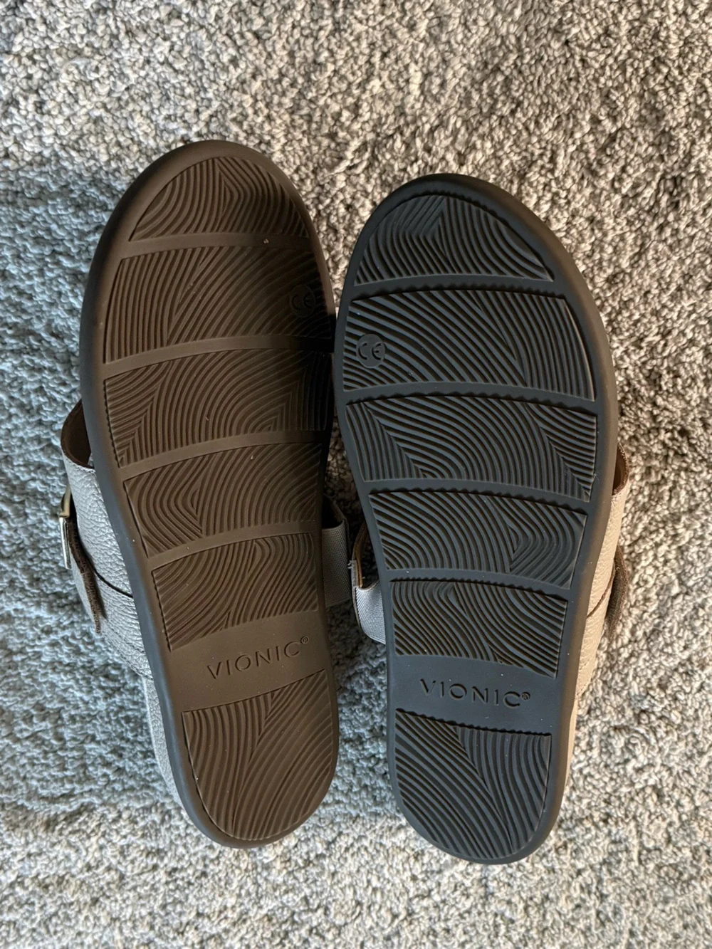 Vionic Taupe Leather Slide Sandals with Gold Buckle